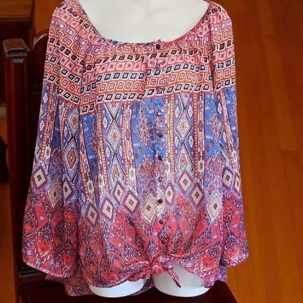 Sami & Jo Bohemian Red and Blue Women's Top button down light weight